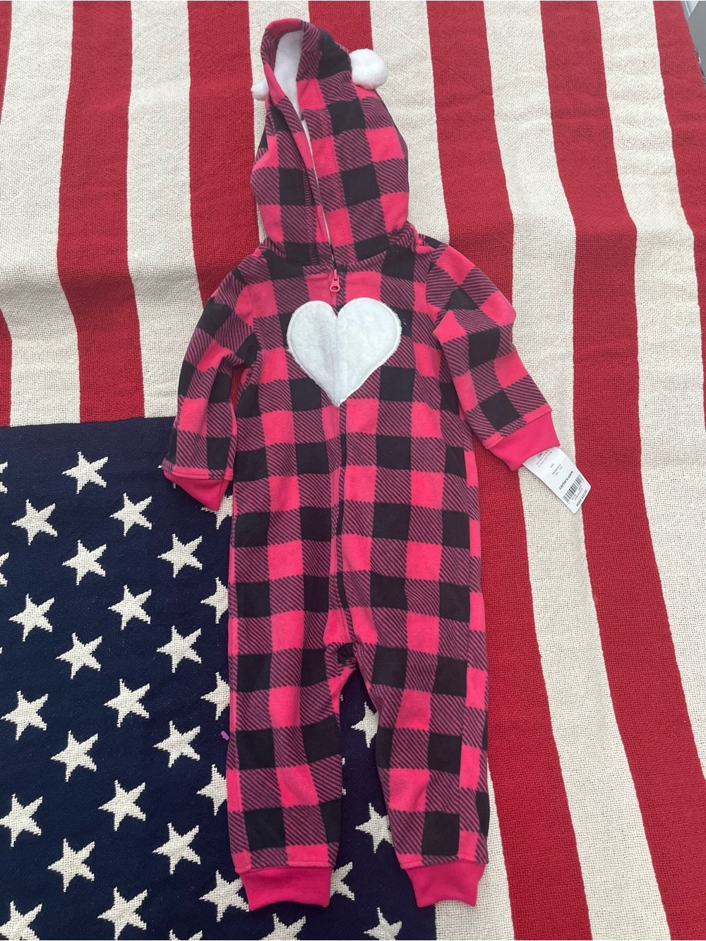 Carter's Buffalo Plaid Hooded One-Piece with Heart Girls Size 12 Months NWT